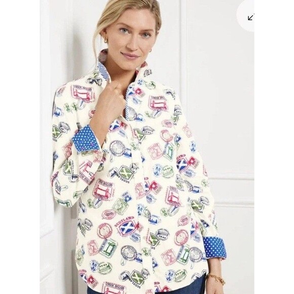 NWT Talbots MODERN CLASSIC SHIRT - PASSPORT STAMPS Paper Weight Size S - Picture 1 of 7